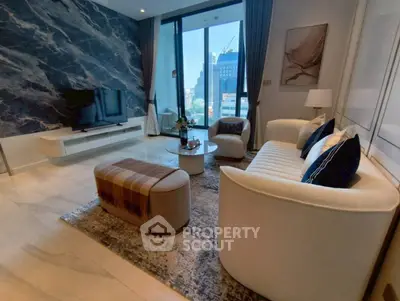 Luxurious living room with modern decor and stunning city view