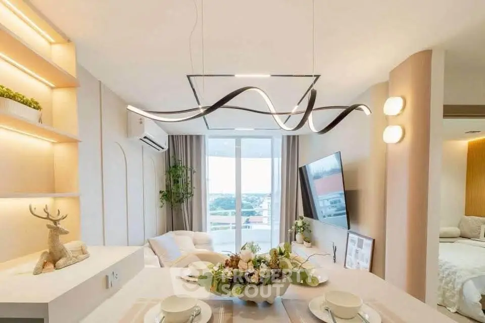 Modern living room with elegant lighting and large window offering stunning view