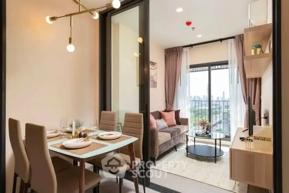 Modern living room with dining area and city view balcony in stylish apartment.