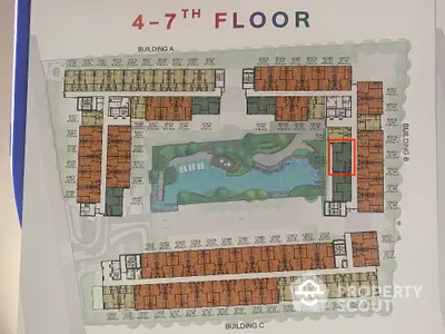 Floor plan layout for 4th to 7th floor of residential complex with central garden and pool.