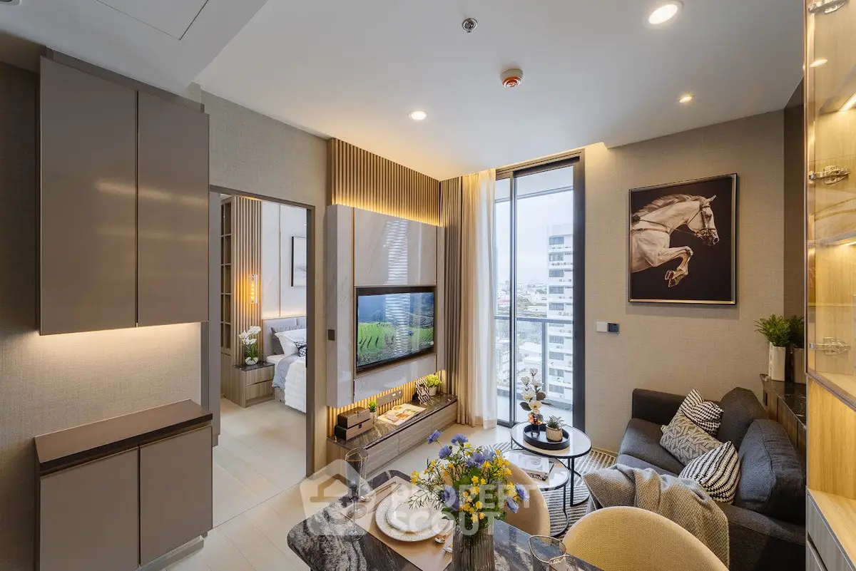 Modern living room with stylish decor and city view in luxury apartment