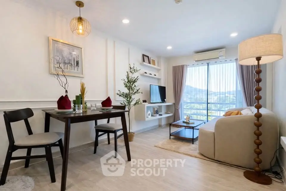 Modern living room with scenic view, stylish decor, and cozy seating area.