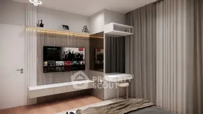 Modern bedroom with stylish decor and wall-mounted TV
