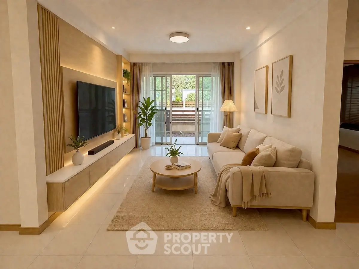 Spacious modern living room with elegant decor and large TV, opening to a balcony with greenery view.