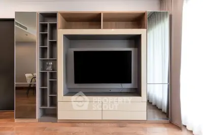 Modern living room with sleek entertainment center and large TV