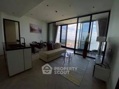 Modern living room with stunning city view and elegant decor