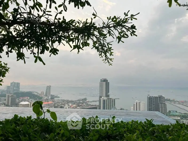 Stunning cityscape view from a high-rise building with lush greenery and ocean backdrop.