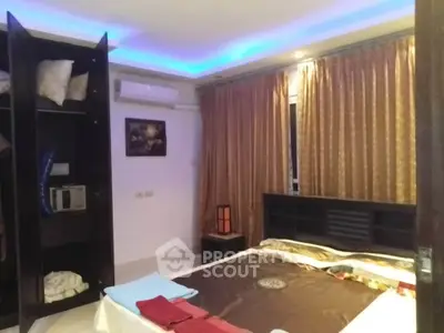 Cozy bedroom with ambient lighting and open closet in modern apartment