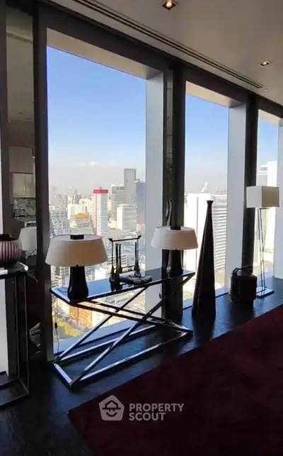 Luxurious living room with stunning city view and modern decor