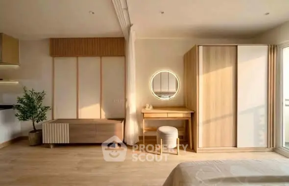 Modern bedroom with stylish wooden furniture and natural light