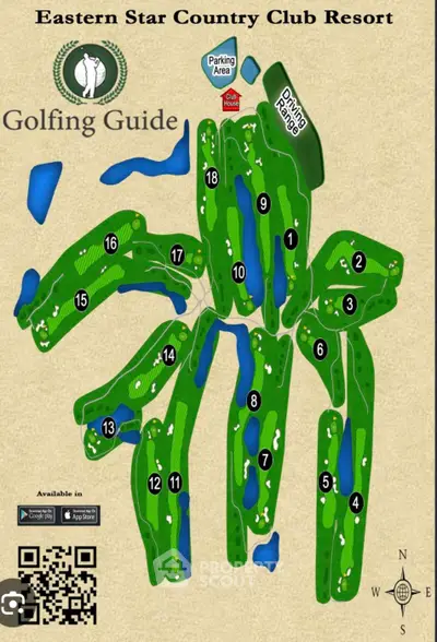 Golf course map at Eastern Star Country Club Resort with detailed layout and parking area.