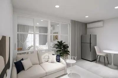 Modern living room with elegant decor and open layout, featuring a cozy sofa and stylish dining area.