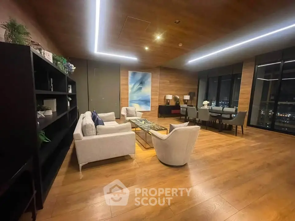 Luxurious modern living room with elegant decor and stunning city view