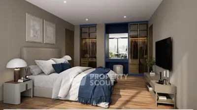 Luxurious bedroom with modern decor and city view, featuring elegant furnishings and spacious layout.