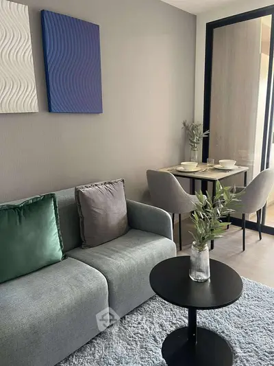 Modern living room with stylish decor and cozy seating area