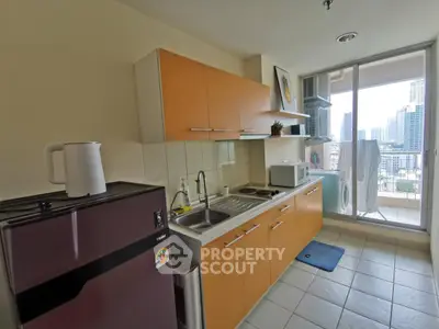 Modern kitchen with city view, featuring sleek cabinets and appliances, perfect for urban living.