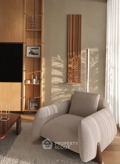 Modern living room with stylish armchair, wooden shelving, and elegant decor elements.