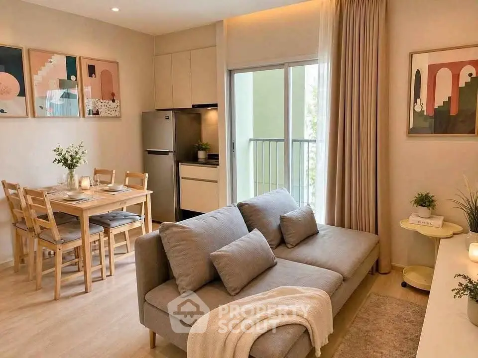 Chic modern living room with cozy sofa and dining area, featuring stylish decor and natural light.