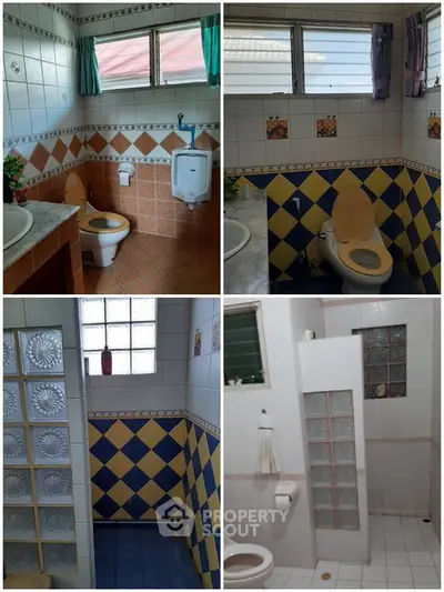 Spacious bathroom with colorful tiles and natural light, featuring modern fixtures.