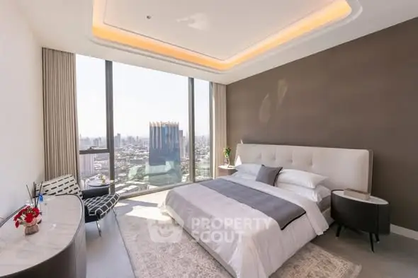Luxurious bedroom with stunning city view and modern decor