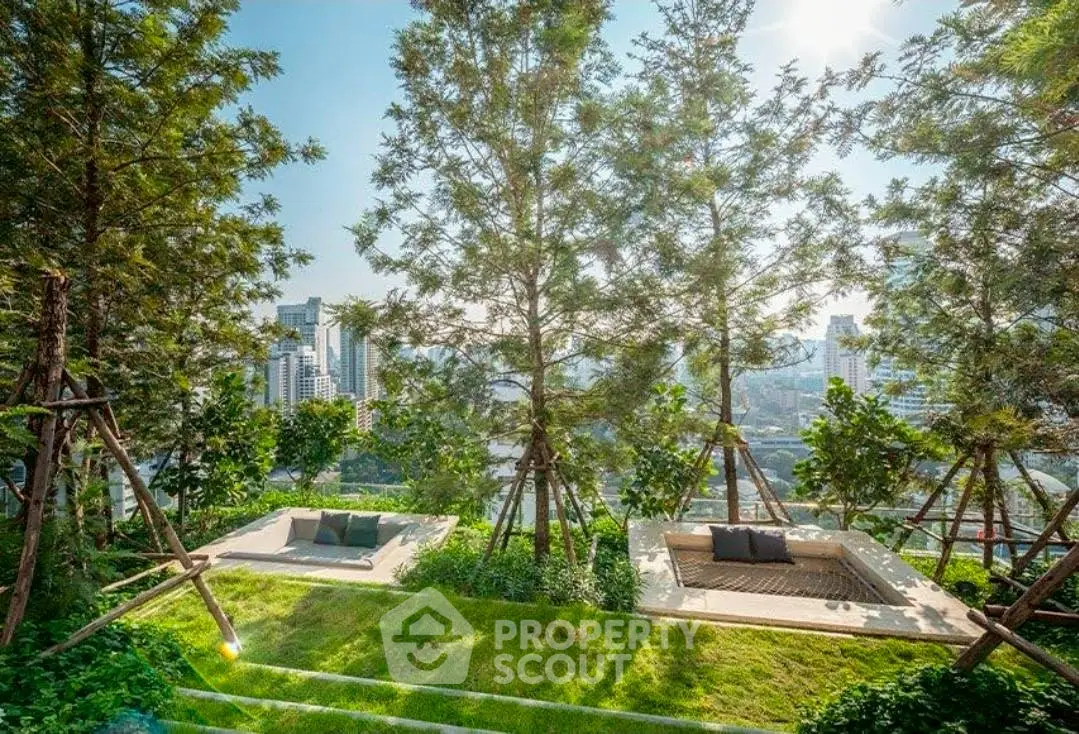 Luxurious rooftop garden with stunning city views and cozy seating areas.
