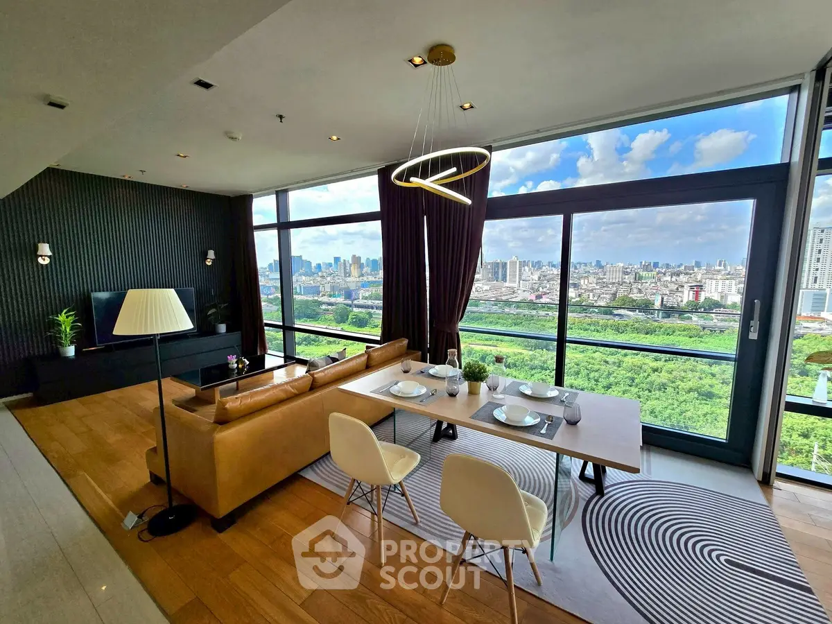 Luxurious living room with stunning city view, modern decor, and elegant dining area in high-rise apartment.