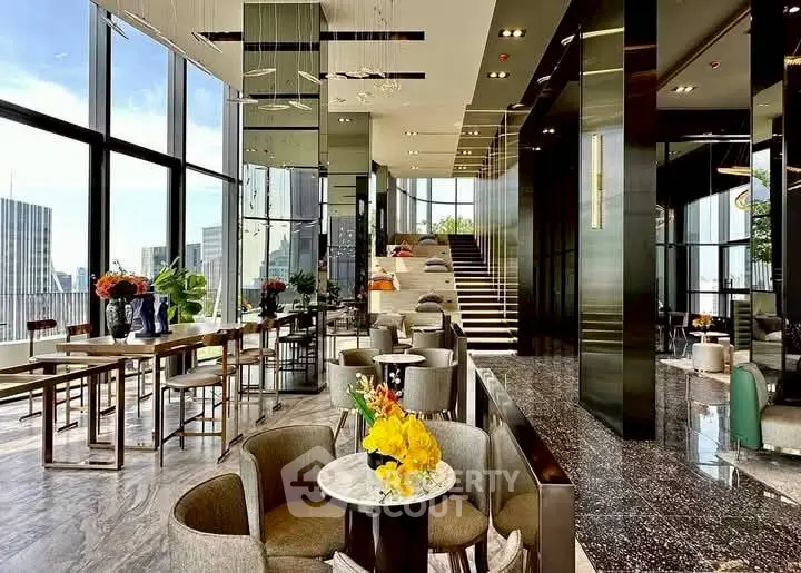 Luxurious modern living room with panoramic city views and elegant decor