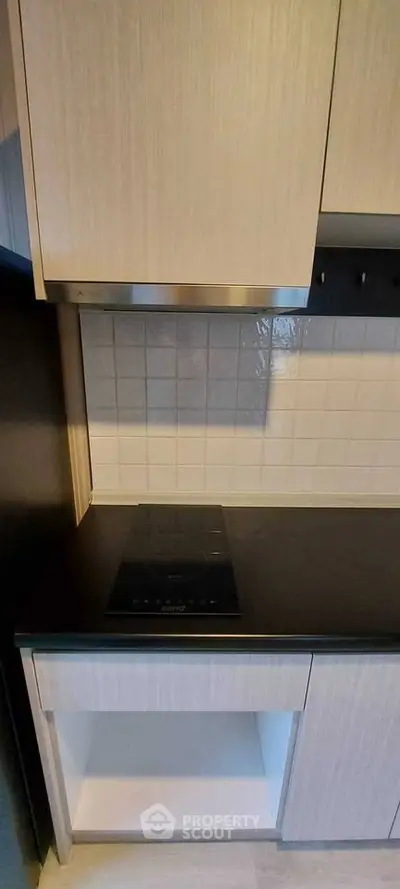 Modern kitchen with sleek induction cooktop and minimalist cabinetry design.