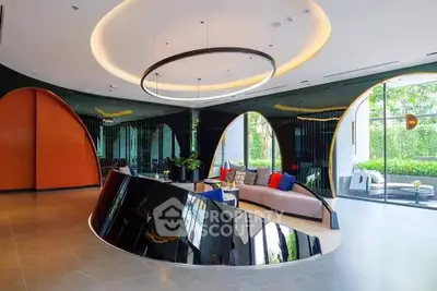 Luxurious modern living room with unique circular design and elegant lighting