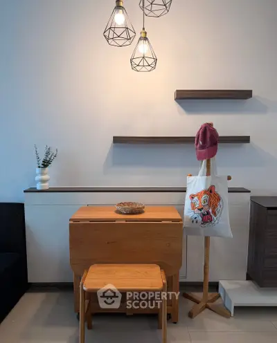 Modern interior with stylish lighting and wooden furniture, perfect for cozy living spaces.