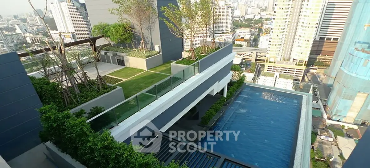 Stunning rooftop pool with cityscape views in modern urban building
