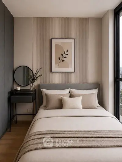Modern bedroom with elegant decor and large window offering natural light.