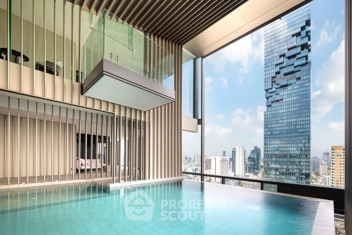 Luxurious rooftop pool with stunning city skyline view in modern high-rise building.
