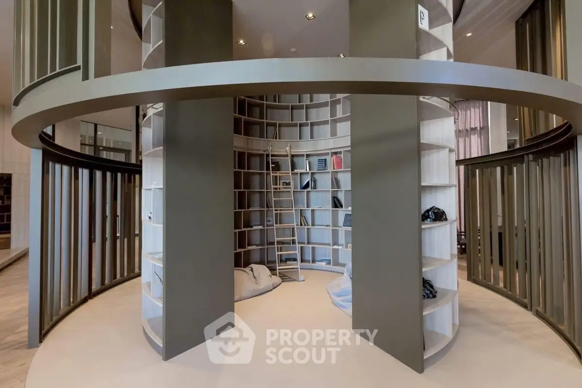 Modern circular library with sleek design and built-in shelves