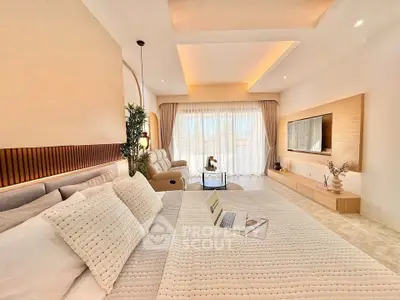 Luxurious bedroom with modern decor and large window view