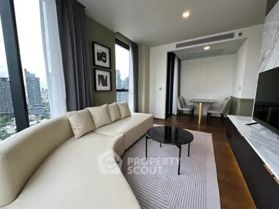 Modern living room with curved sofa and city view in luxury apartment