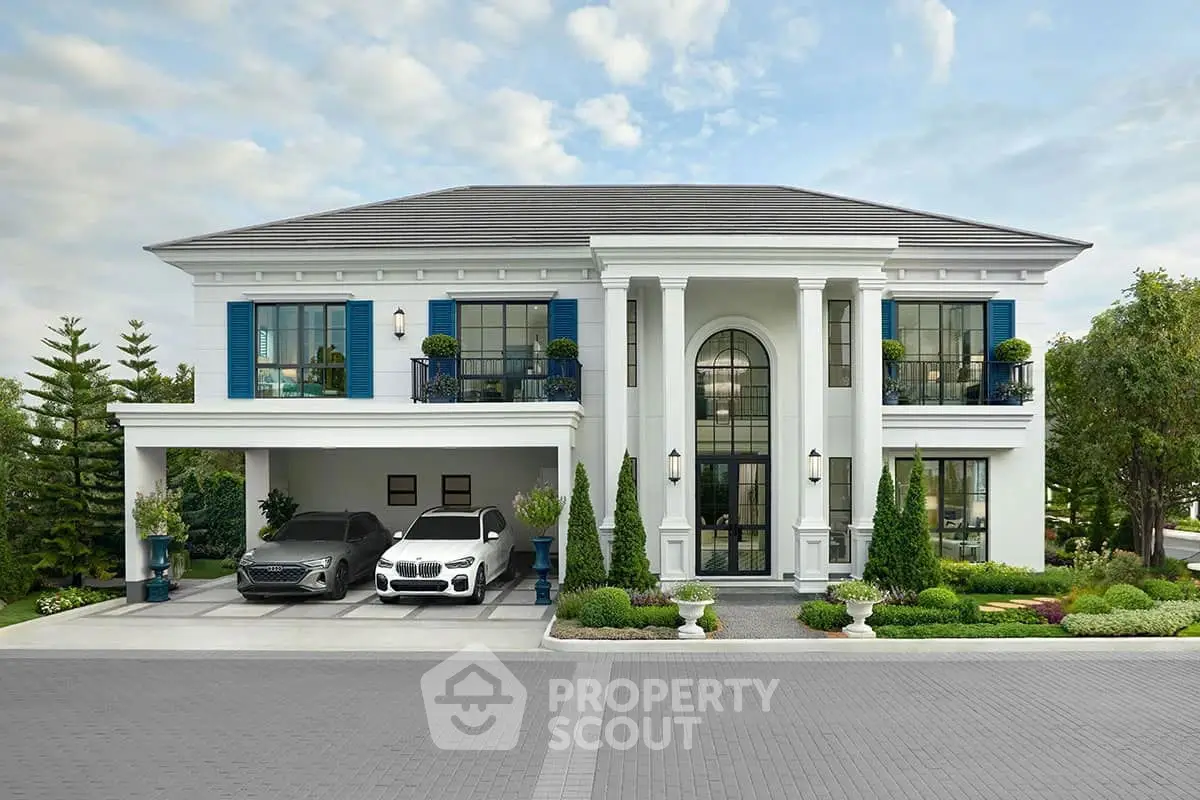 Luxurious modern mansion with grand entrance and two-car garage, surrounded by lush greenery.