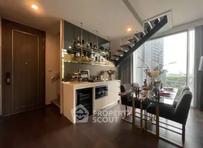Luxurious modern living room with elegant dining area and staircase, featuring floor-to-ceiling windows and city view.