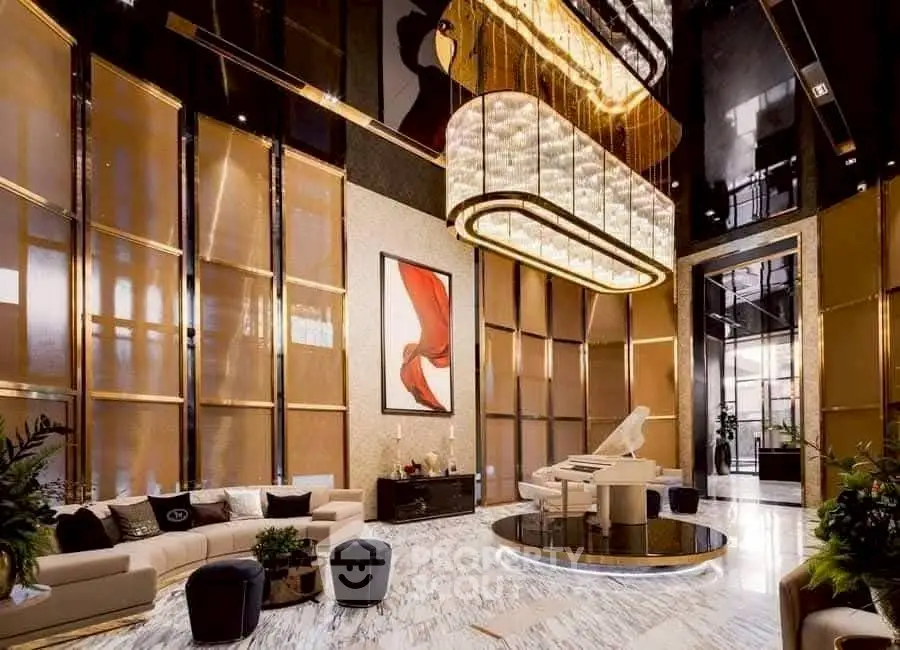 Luxurious modern living room with high ceilings and elegant decor