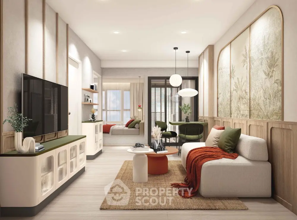 Modern living room with stylish decor and open layout, featuring cozy seating and elegant lighting.