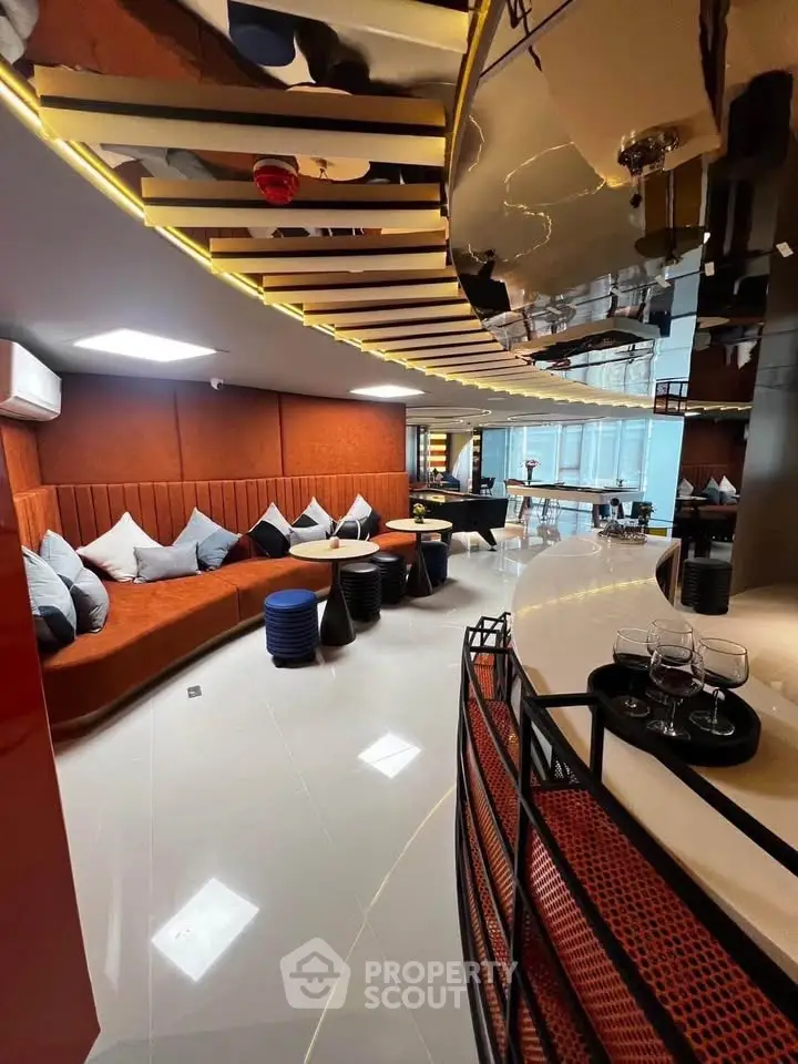 Luxurious modern living room with unique ceiling design and stylish furniture