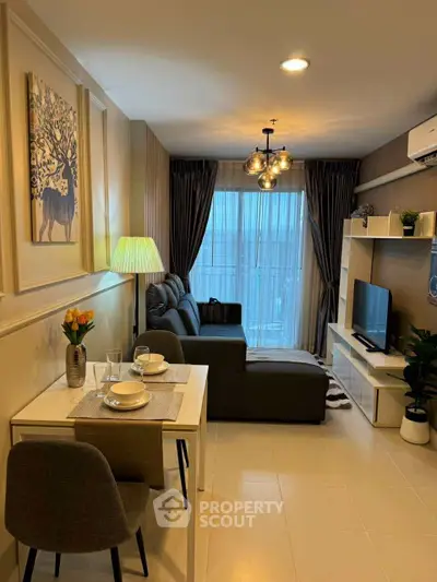 Modern living room with stylish decor and cozy seating area