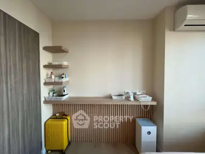 Modern minimalist bedroom with air conditioning and wooden shelves