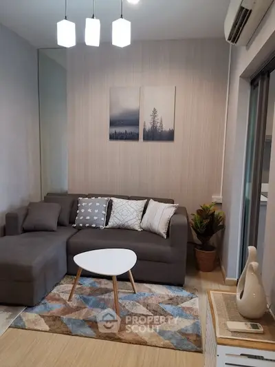 Modern living room with stylish decor and cozy seating area