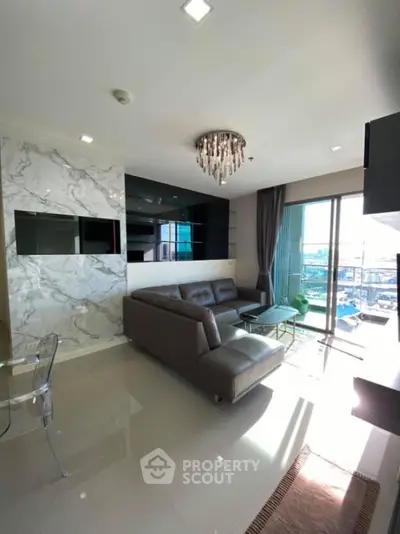 Luxurious modern living room with stunning city view and elegant decor