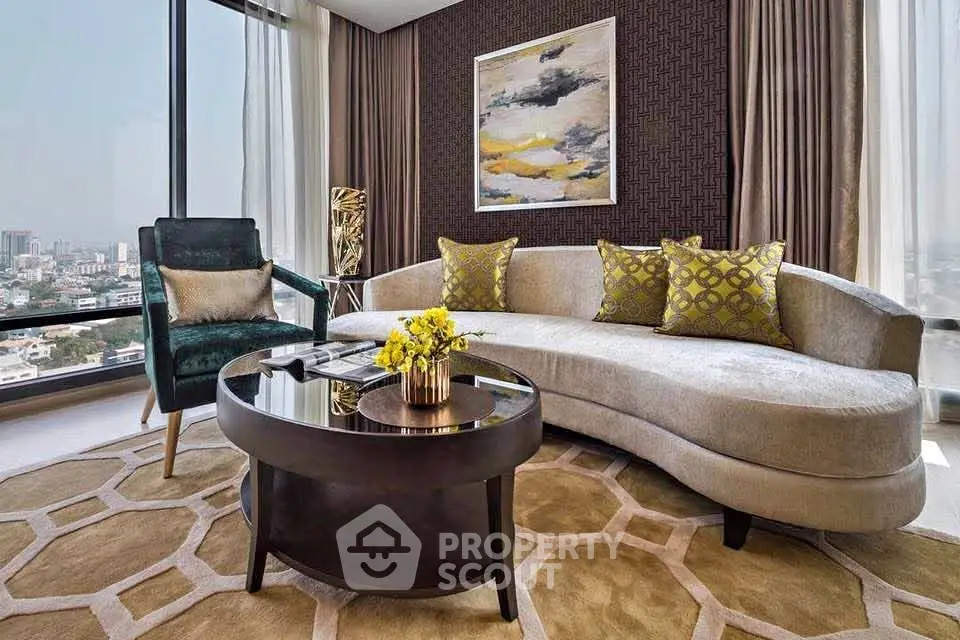 Luxurious living room with modern furniture and panoramic city view