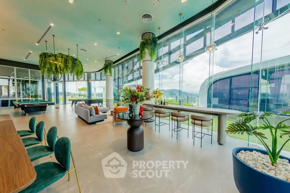 Luxurious modern living room with panoramic views and elegant decor