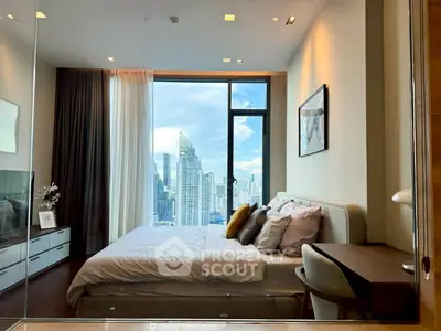 Luxurious bedroom with stunning city view, modern decor, and ample natural light in high-rise apartment.