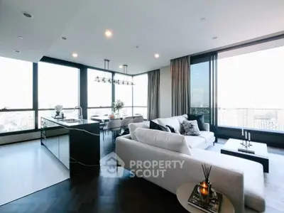 Luxurious modern living room with panoramic city views and elegant furnishings