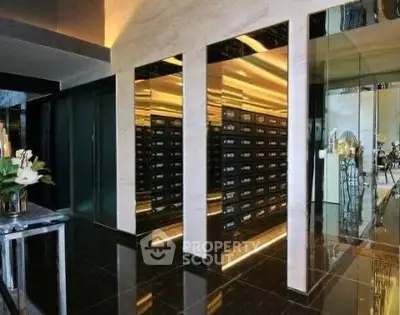 Modern living room with sleek design and panoramic city view